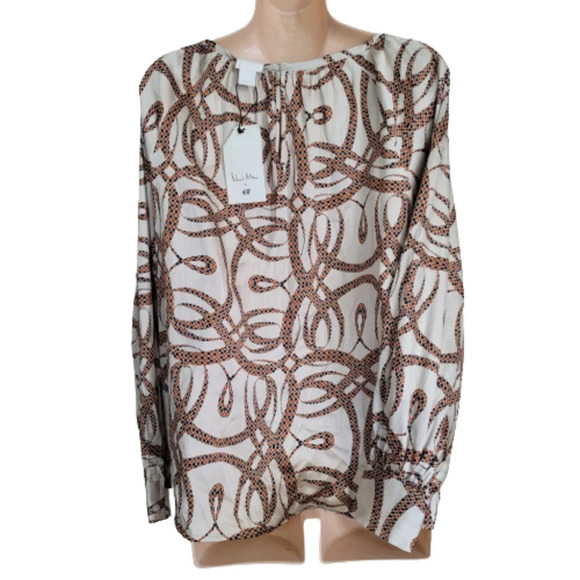 RICHARD ALLAN x H&M Light Beige Patterned Satin Blouse Size Women's 10 NEW - Picture 3 of 12
